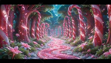 Enchanted Candy Cane Forest Path: Pixel Art Fantasy Illustration