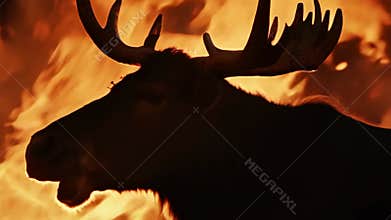 A moose stands in front of a raging forest fire.