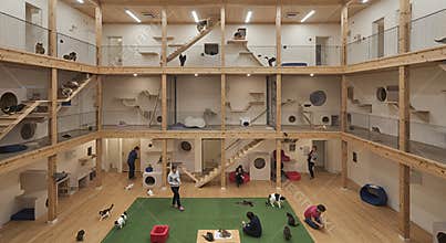 Multilevel Cat Shelter: Wooden Structures and Green Carpet