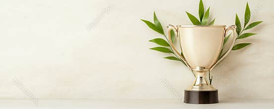 Tennis trophy cup decorated with laurel leaves showcases victory in sports competition on a neutral grey background with