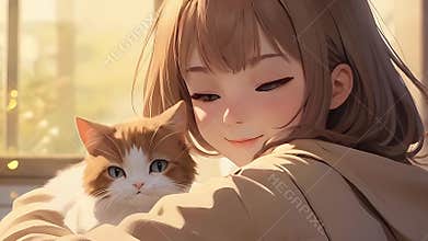 Lofi Anime Girl Blushing and Hugging Cat in Cozy