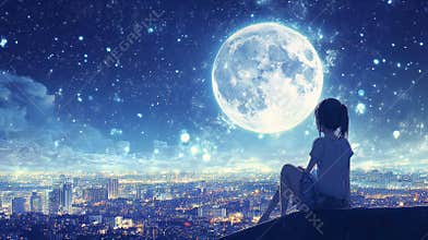 A tranquil and peaceful 3D cartoon features a lofi anime girl alone on a rooftop, looking at a huge blue full moon
