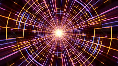 Seamless loop background with shiny tunnel made of bright orange, purple and blue digital patterns