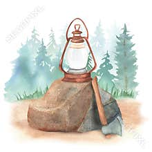 A big stone with a kerosene lamp on it and an axe. Camping equipment. Exploration trip. Hiking. Watercolor forest