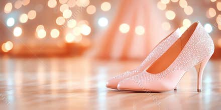 Elegant pink high heels with sparkling pearls against a soft bokeh background at an evening event, AI Generative