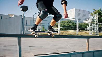 Skateboarder grinding rail skatepark trick balance urban sport extreme action stock footage Generative AI