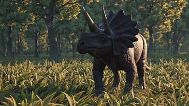 A Triceratops grazes peacefully in a lush prehistoric landscape. Herbivorous dinosaur with three prominent horns