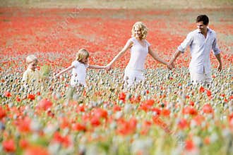Family walking through poppy field