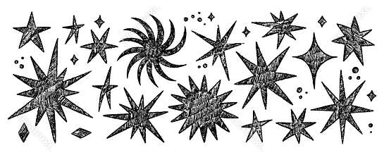 Hand Draw Doodle Twinkle Star Set.