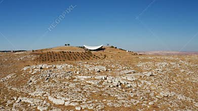 Aerial revealing Göbekli Tepe archaeological site in Turkey