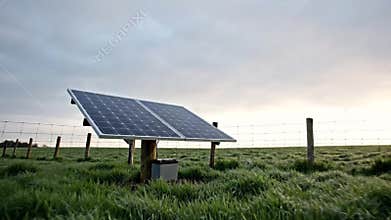 Modern blue solar panel modules installed in rows over a green grassy countryside field close-up view, energy concept