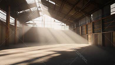 Abandoned industrial warehouse interior with volumetric sunbeams