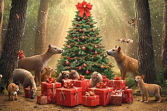 Magic of Christmas in a forest surrounded by joyful animals and gifts