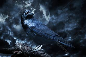 Black raven in moonlight perched on tree.