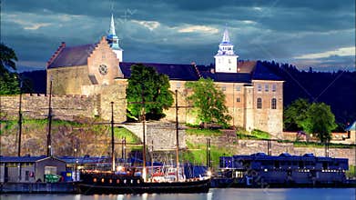 Akershus Fortress at night, Oslo, Norway, Time lapse