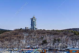 Early Spring Snow - View of the Tower at Jingyuetan National Forest Park, Changchun, China