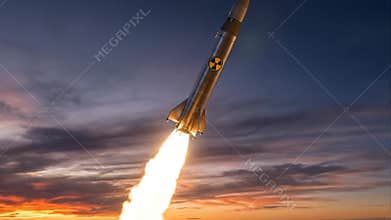 Ballistic missile launching from a silo at dusk with bright exhaust, tactical nuclear weapon concept, military power, global