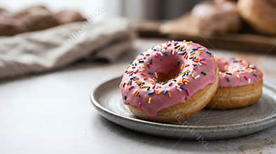 Pink frosted donuts with colorful sprinkles on a plate indoors