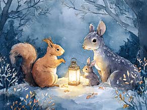 Watercolor illustration of woodland animals celebrating Christmas with lantern in snowy forest