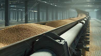 Grain moving on conveyor belt in industrial silo