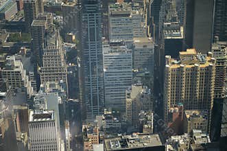 Aerial view of dense downtown with tall skyscrapers