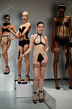 NEW YORK, NY - OCTOBER 25: Models pose during Love Cage Spring 2015 lingerie presentation