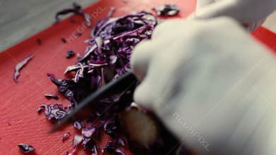Closeup of chef cut cabbage for dish on kitchen board