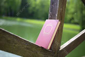 A stack of closed books outdoor. Books in the forest