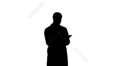Silhouette Male doctor in white coat filling in prescription form