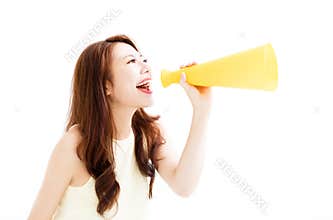 Young Woman making announcement with megaphone