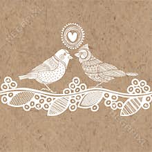 Vector illustration with birds and heart on kraft paper. It may be greeting card for Valentine`s Day, wedding invitations or desig