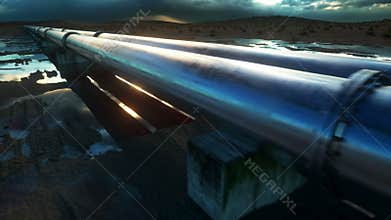 Pipeline transportation oil, natural gas or water in metal pipe. Oil concept. Realistic cinematic 4K animation.