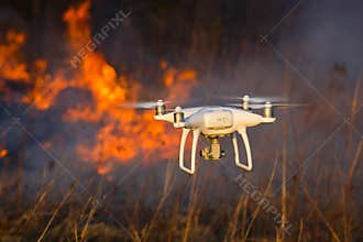 Flying drone in a fire