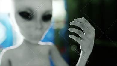 Alien in futuristic room. hand reaching out with Earth planet. UFO futuristic concept. Cinematic 4k animation.