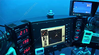Control Panel of the submarine underwater in Pacific Ocean.