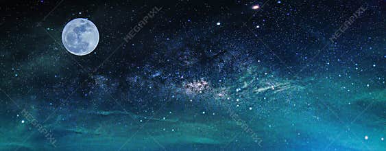 Landscape with Milky way galaxy. Night sky with stars and the full moon. (Elements of this moon image furnished by NASA)