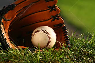 Baseball and glove on the grass after the big game