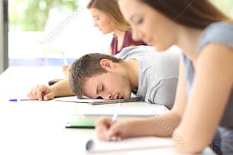 Tired student sleeping in a class at classroom