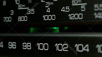 Tuning control panel radio station scale. Retro radio receiver, closeup