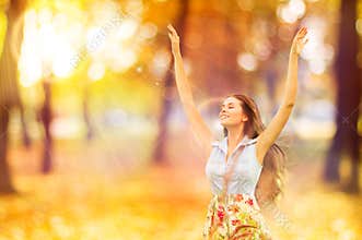 Autumn Woman, Happy Young Girl, Floating Model Open Arms in Yell