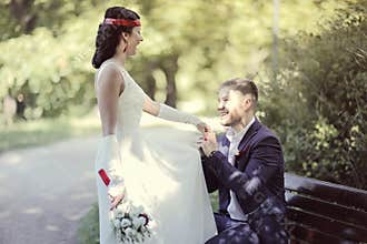 Portrait of young man and woman retro wedding