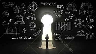 Businessman Standing in front of Keyhole, Business plan and various graph in black wall.