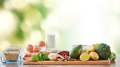 Close up of different natural food items on table