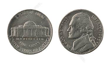US One Nickel Coin Isolated on White