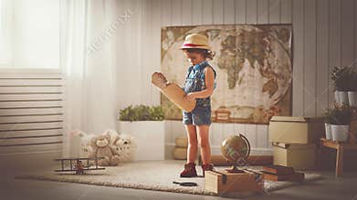 Concept travel. child girl at home dreaming of travel and tourism, exploring world map