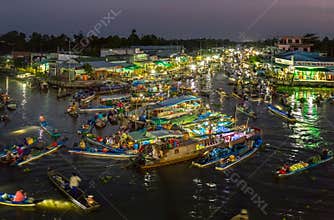 Landscape dawn on the river floating market at night