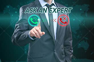 Businessman pressing button on touch screen interface and select Ask an expert. Business concept. telephone call