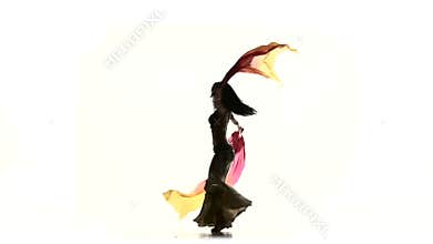 Exotic belly dancer woman dance with two long fans, on white, silhouette, shadow, slow motion