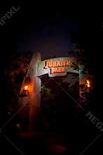Jurassic Park ride at night in Universal Orlando theme park