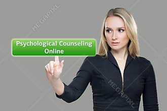Businesswoman presses button psychological counseling online on virtual screens. technology, internet and networking
